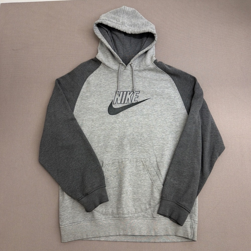 Nike Mens Raglan Pullover Hoodie Grey Spellout Swoosh Logo Sweatshirt XL